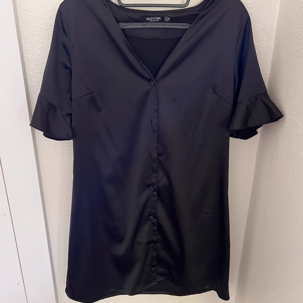 Nasty Gal Size 6/Medium Black Silk Mini Dress with Lightly Ruffled Sleeves